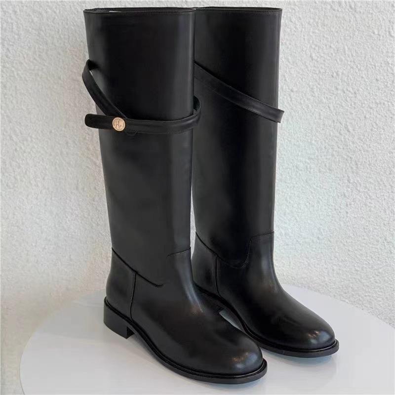 Cowhide Small Gold Coins Skinny Knight Boots Women's Flat Bottom But Knee Long Boots High Boots