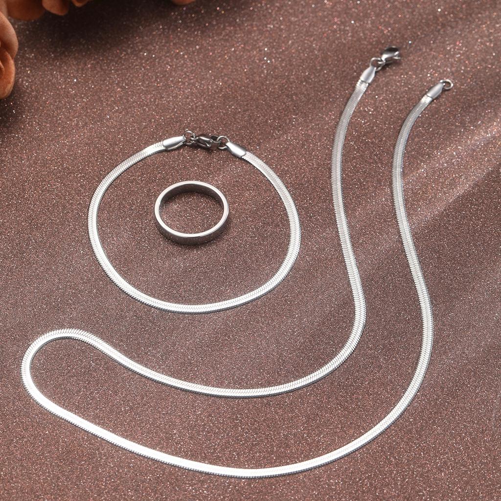 JG 3-piece  Plated Stainless Steel Snake Chain Necklace, Bracelet, and Ring, Suitable for Men - Casual Style Fashionable Jewelry Set