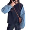 New Round Neck Denim Sleeve Patchwork Knit Sweater - Casual, Loose Fit, Lazy Style for Autumn/Winter