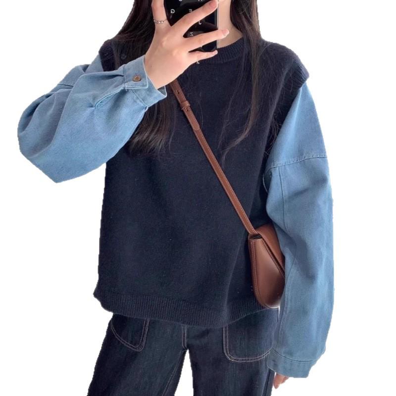 New Round Neck Denim Sleeve Patchwork Knit Sweater - Casual, Loose Fit, Lazy Style for Autumn/Winter