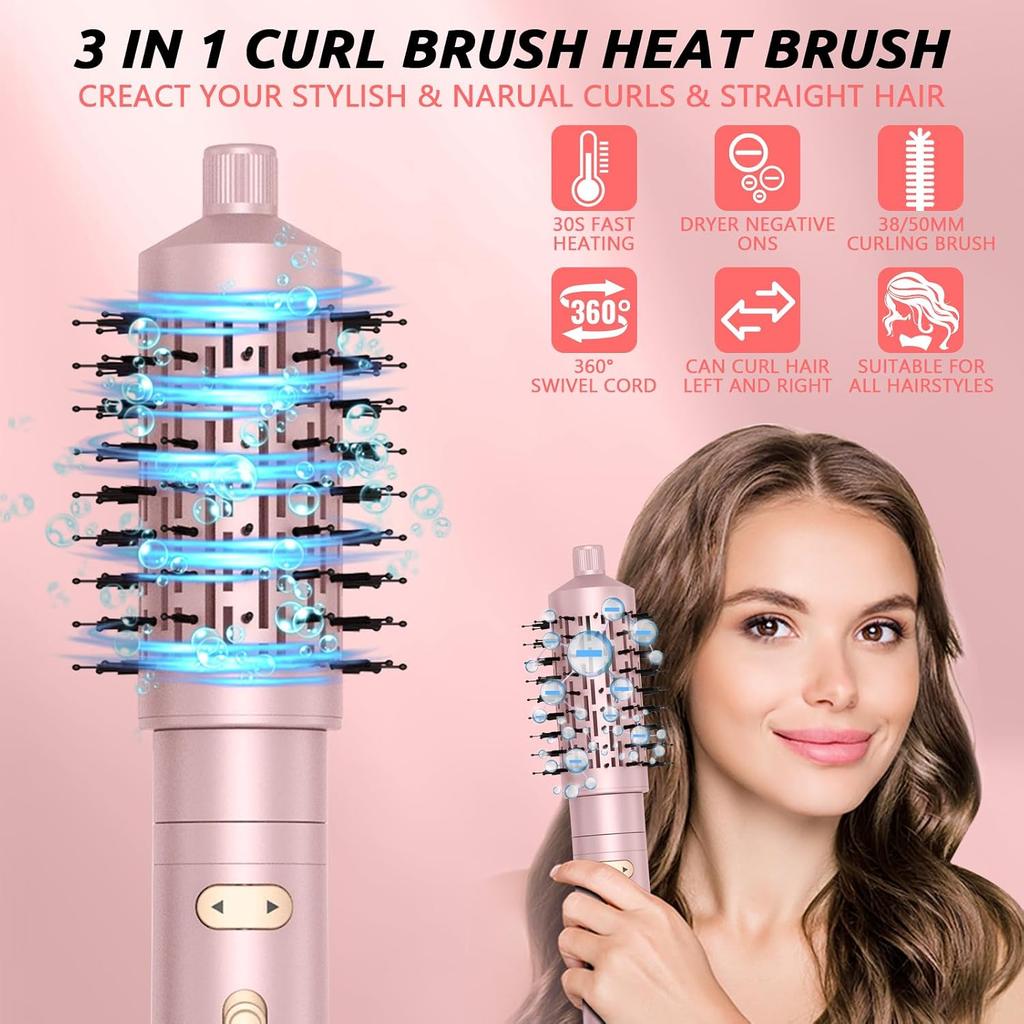 3 in 1 Curl Brush Heat Brush, 200 Millions Negative Ionic Hair Styler, Hair Dryer Set with 38/50MM Thermal Brush & Dryer, (Pink)