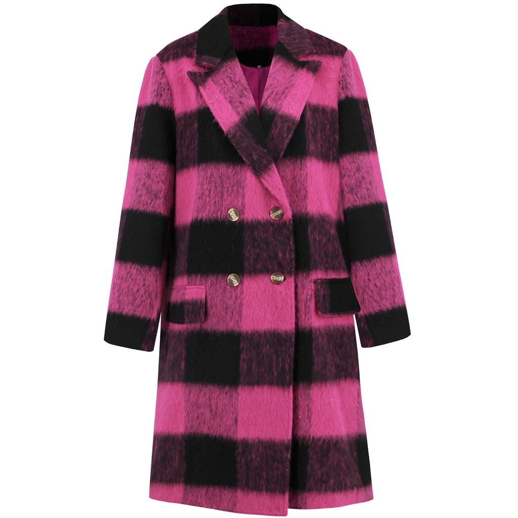 2025 Winter New Long Plaid Double-sided Wool Coat Women's Elegant Lapel Woolen Outerwear for Europe and America