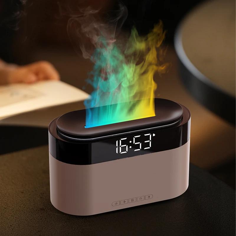 LED Clock Colorful Night Light with Simulated Flame Humidifier and Remote Control Ultrasonic Essential Oil Aromatherapy Machine
