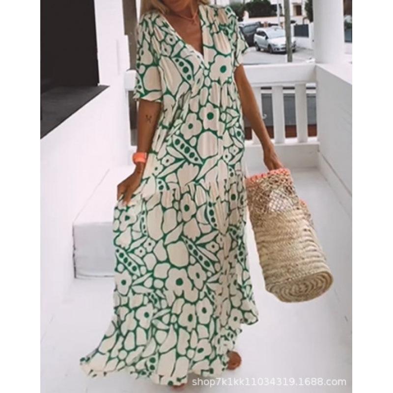 Printed Short Sleeve Women Dress Summer New V-Neck Loose Casual Plus Size Dress Women A-line Elegant Loose Floral Beach Holiday Long Dresses 768