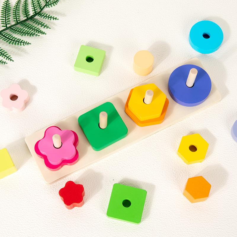 Wooden Four-Column Shape Sorting Stacking Toy - Suitable For Toddlers' Fine Motor Skills And Shape/Color Recognition