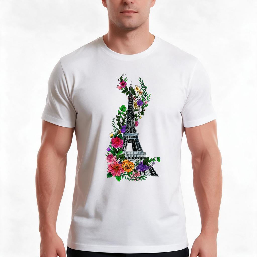 Floral Eiffel Tower Tshirt Summer Casual Cotton Tee Oversized Streetwear Tops Vintage Graphic Print Loose Fit Short Sleeve