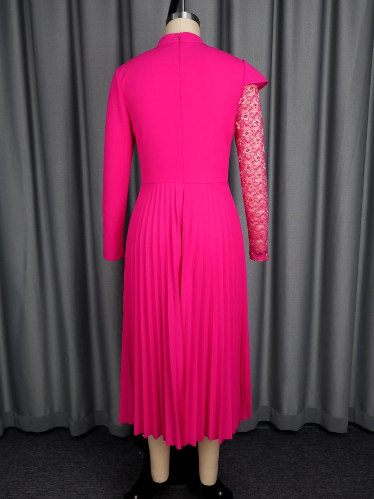 Robes Plissées Élégantes pour Femmes Église Col Mi-Haut Patchwork Dentelle Manches Longues Soirée Anniversaire Mariage Invitée Automne Nouveau