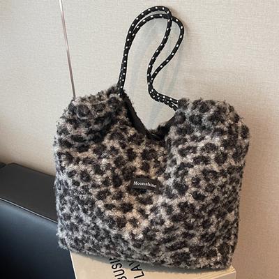 Simple and Fashionable Leopard Print Wool Bag Women's Autumn New Trendy College Style Tote Bag Large-capacity Shoulder Bag