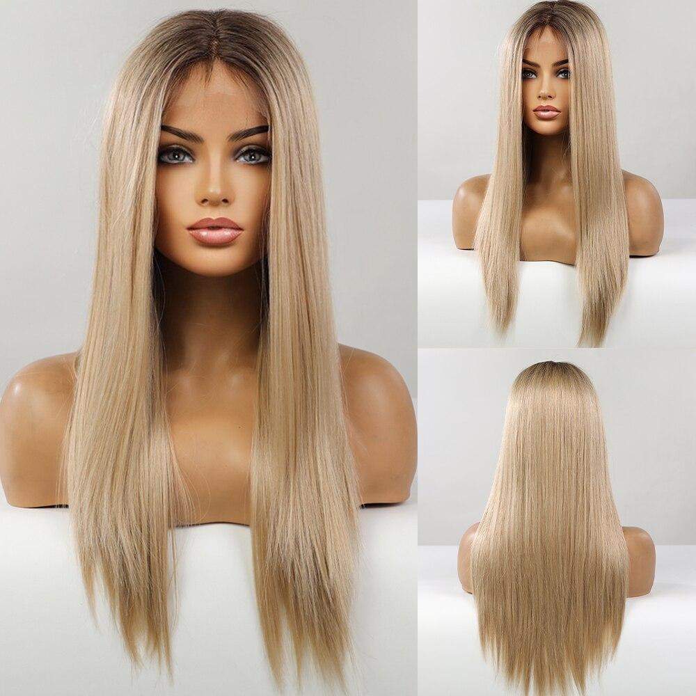 BLONDE UNICORN Long Ombre Blonde Straight Lace Part Synthetic Wigs for Women Daliy Hair Natural High Density Heat Resistant