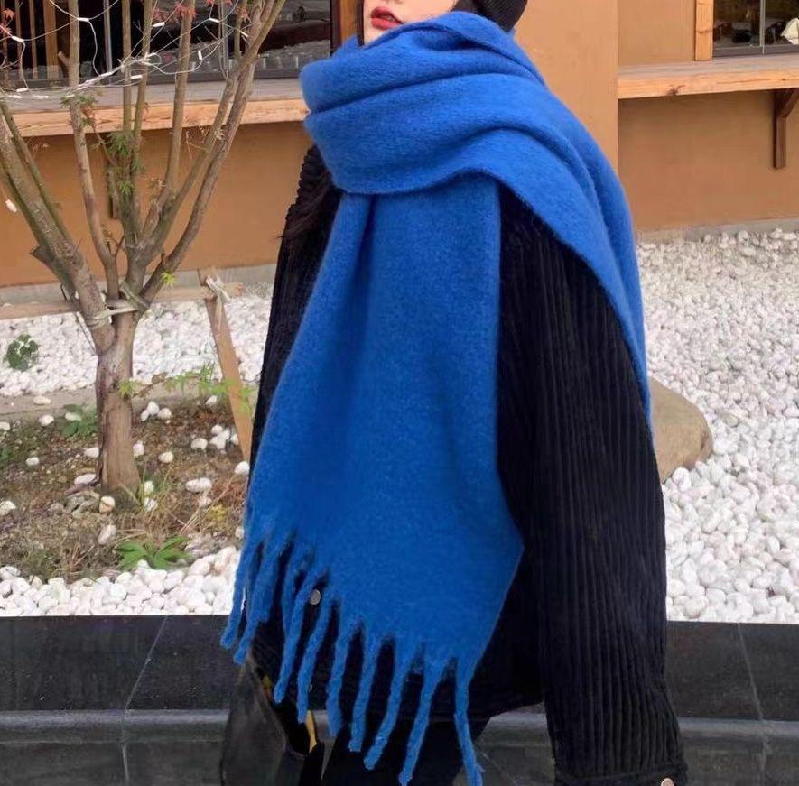 

Европейский и американский мохеровый однотонный шарф: Толстая, теплая шаль для женщин и мужчин — идеально подходит для осени и зимы синий