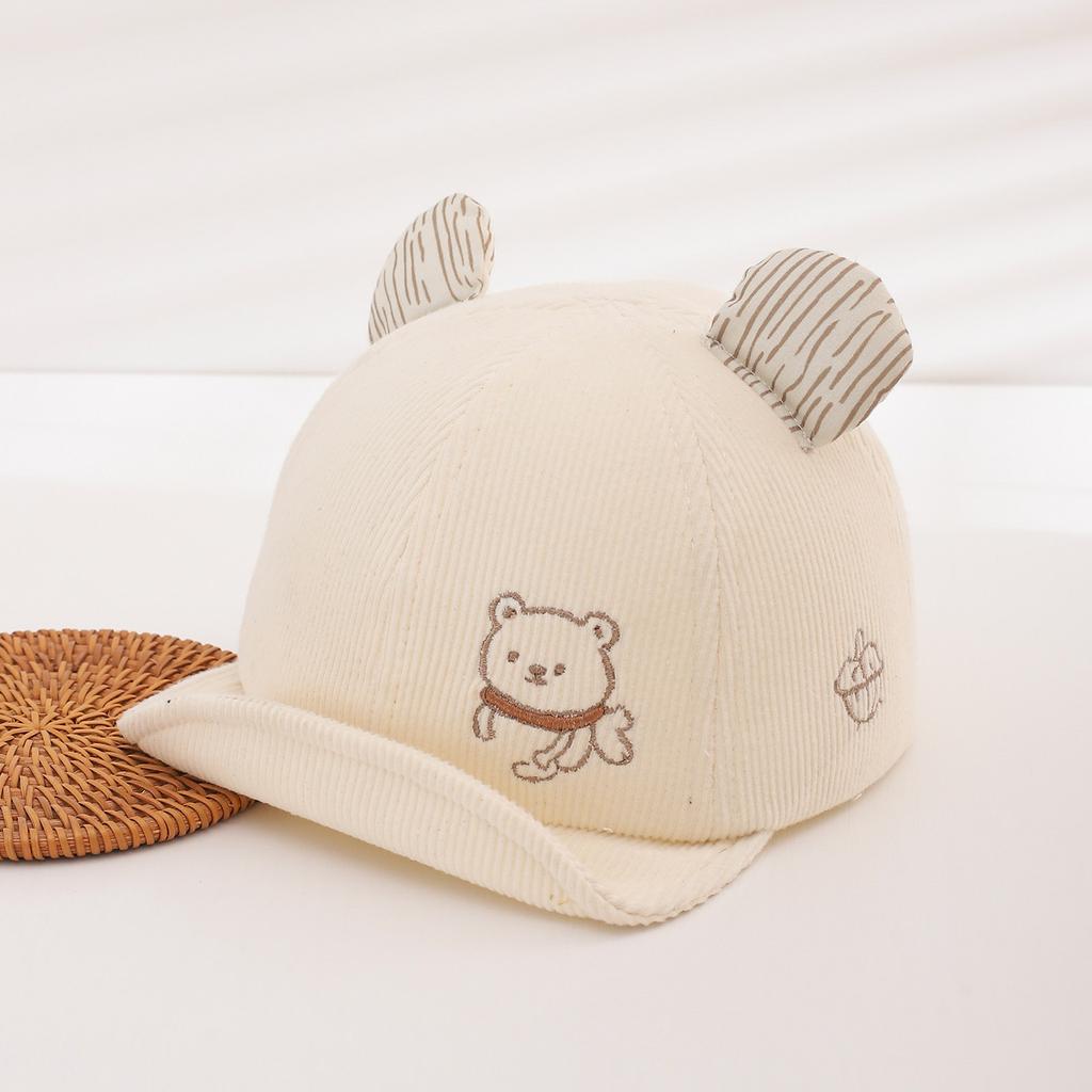 Children's striped ear teddy bear embroidered corduroy soft-brimmed baseball cap, suitable for both boys and girls