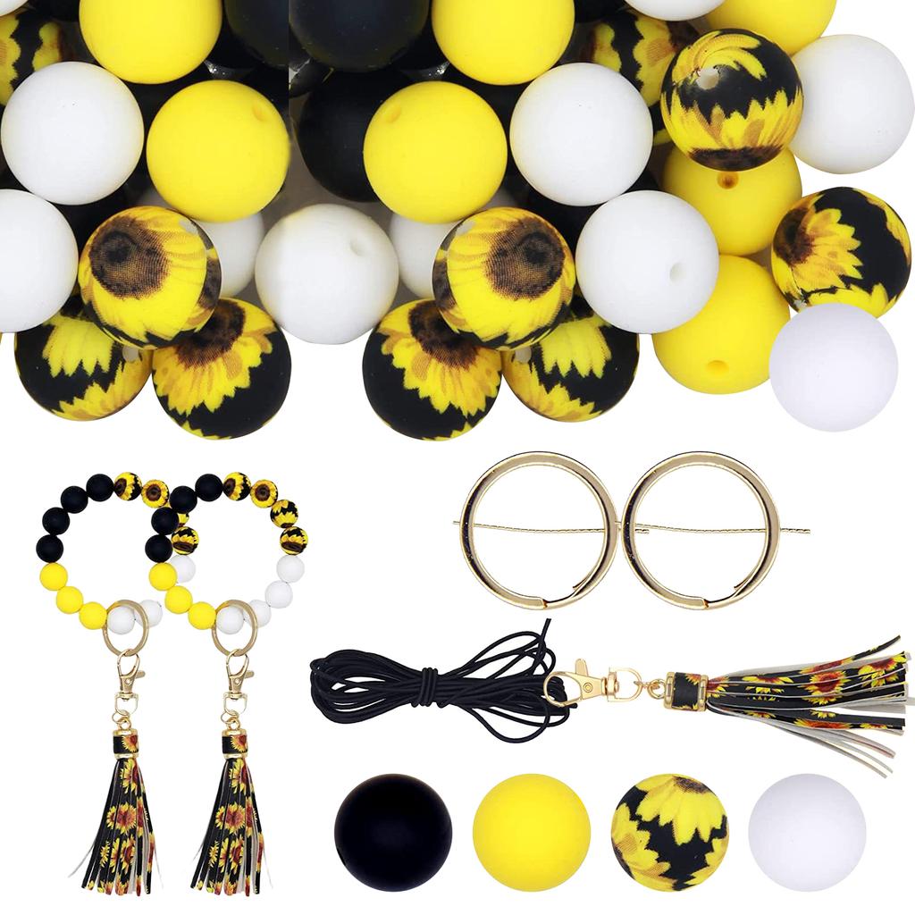 15mm Sunflower Silicone Beads Set Jewelry Making Kit With Tassel For Keychain Necklace Bracelet Making