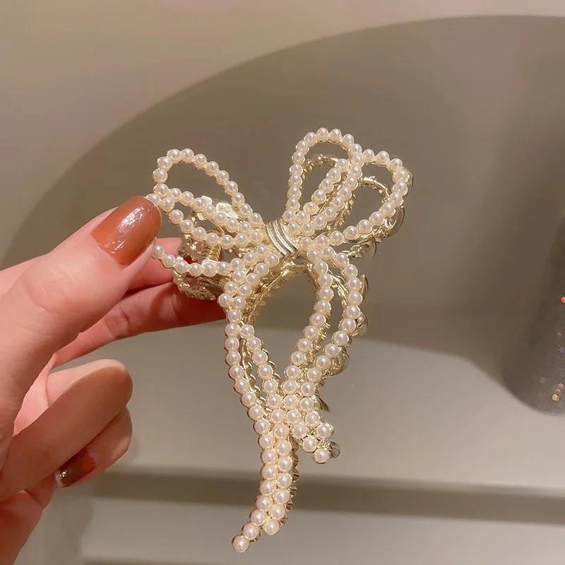 New Pearl Hair Claw Set Clip For Women Pearl Bow Hairpins Metal Hair Accessory Geometric Hollow Pincer Barrette Crystal Clip Big