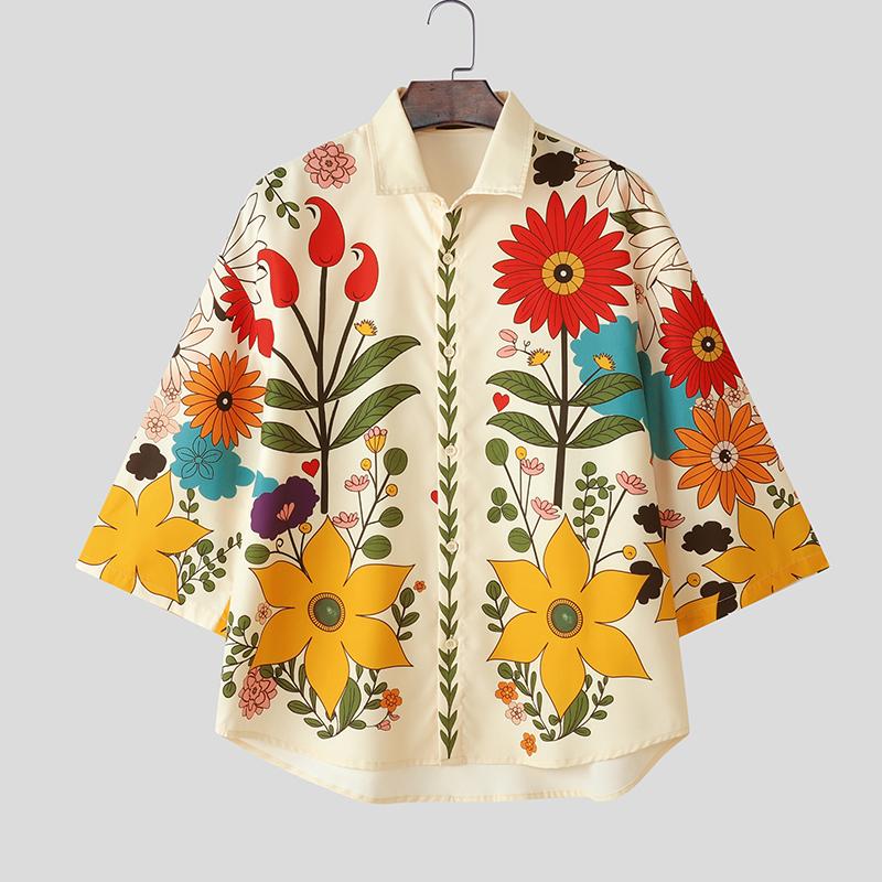 

INCERUN свободные мужские рубашки с воротником-лацканами, рукавом 3/4, пуговицами, цветочным принтом, повседневные рубашки для отдыха 5XL бежевый