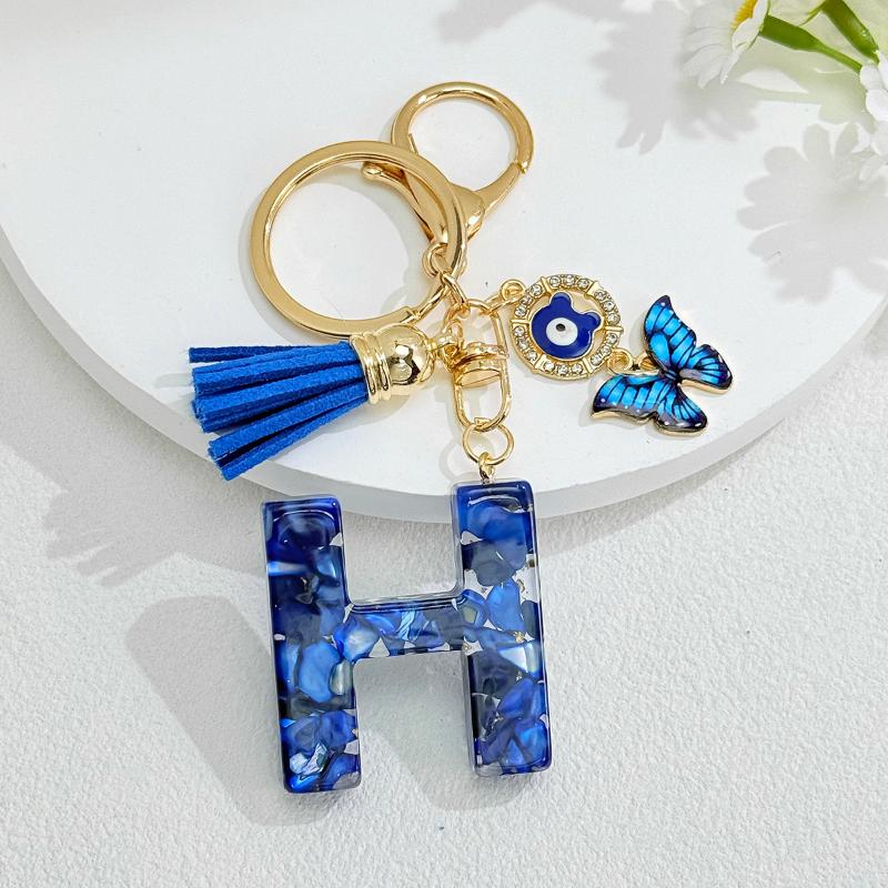 Fashion Blue Glazed Stone A To Z Letter Keychain 26 Initials Alphabet Butterfly Tassel Pendant Car Keyring Women Jewelry Gifts