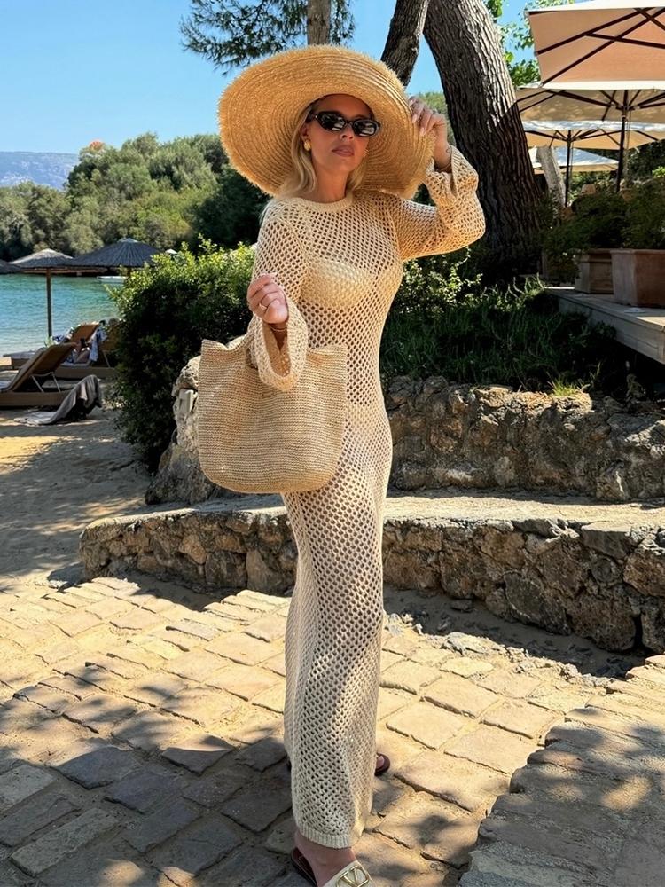 EDOLYNSA Robe longue sexy en tricot à col en U et manches cloches pour femmes, maillots de bain, bikinis féminins, cache-maillots, tenue de plage au crochet pour les vacances, été 2025, K21