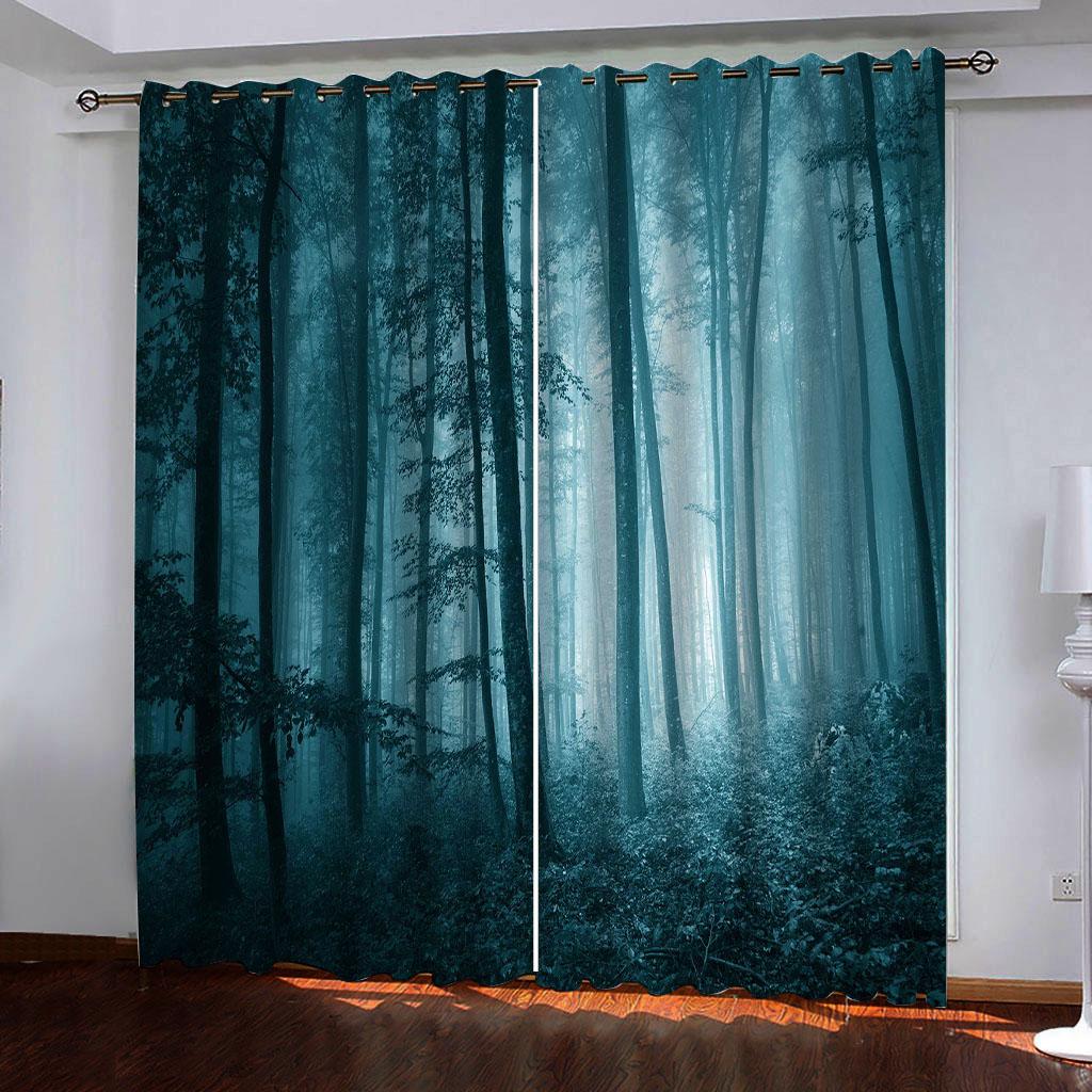 VividHome Blaue Vorhänge mit Vollmond-Waldszene, 3D-Digitaldruck, für Wohnzimmer, Schlafzimmer, Heimdekoration