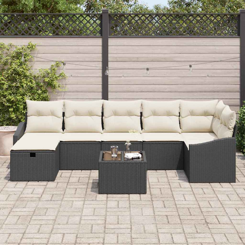 8 Piece Sofa Set with Cushions and Storage Black Poly Rattan