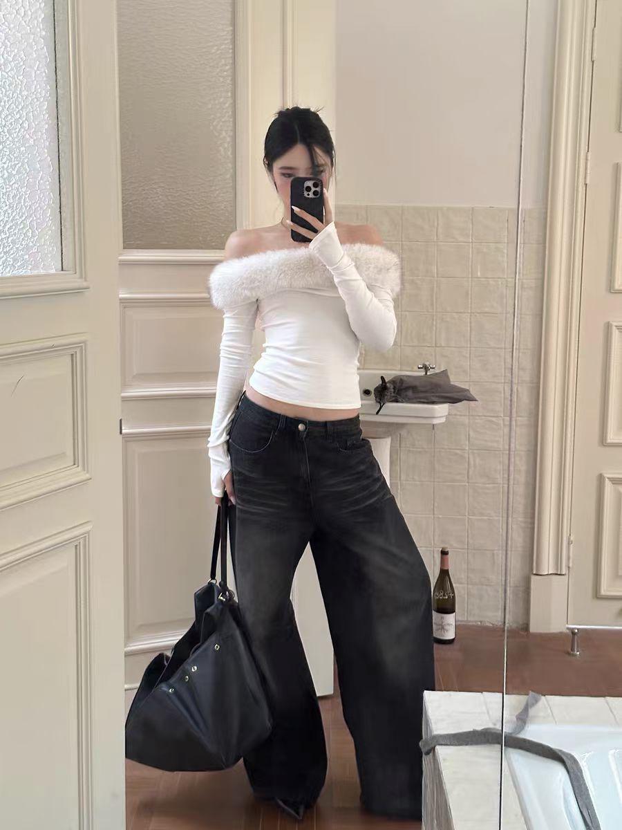 2025 Autumn/Winter Women s Fur Collar One-Shoulder Long Sleeve Slim Fit Top Large белый