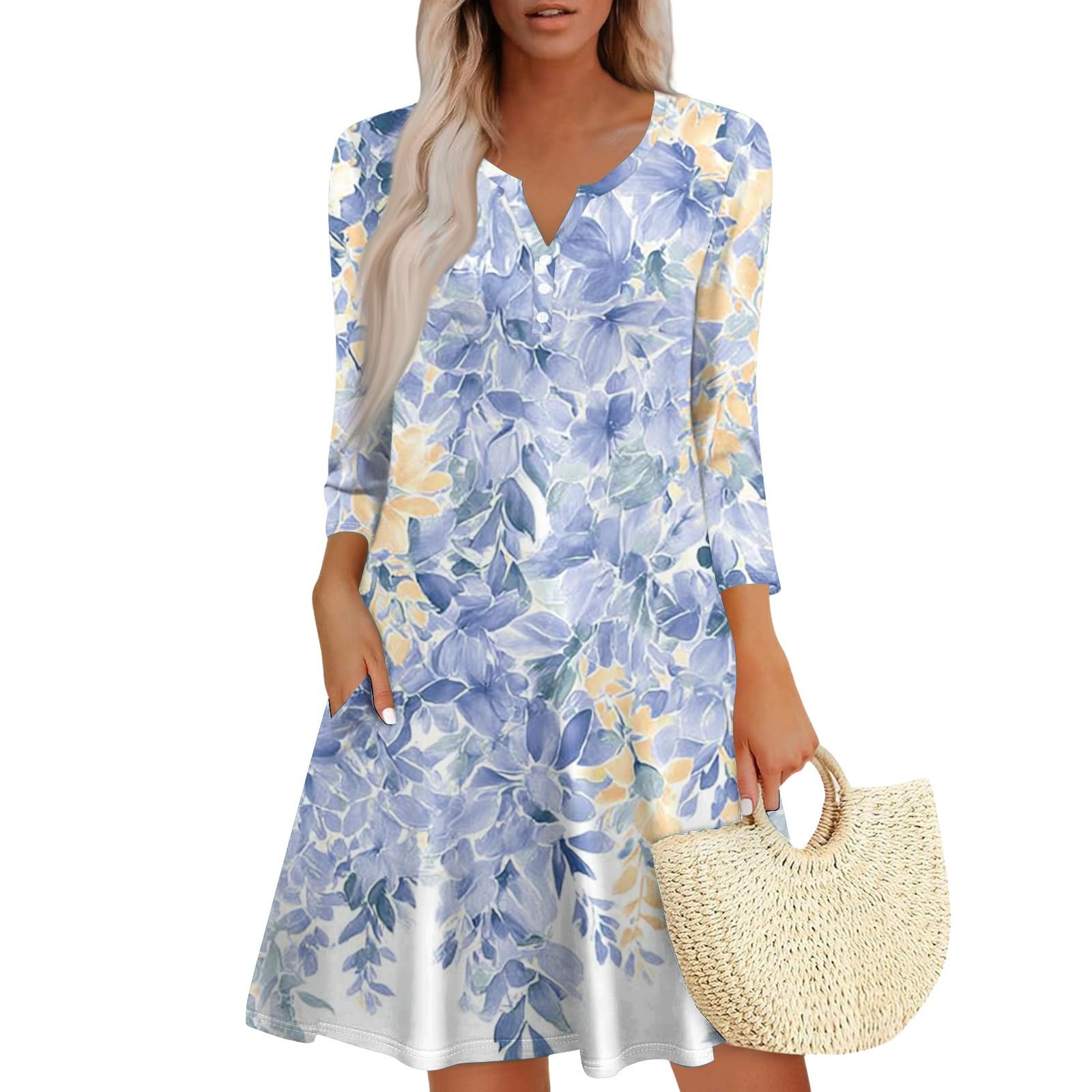 

Женское модное платье с V-образным вырезом, пуговицами, рукавами длиной семь восьмых, карманом и цветочным принтом XXL синий
