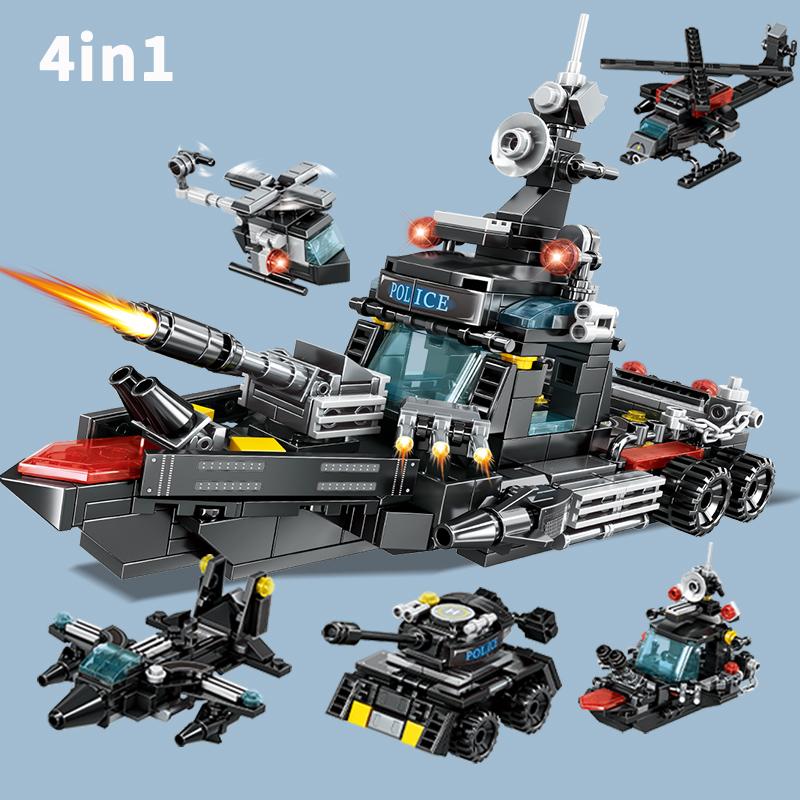 4 In 1 SWAT Police Armored Truck Building Blocks Helicopter Speedboat Vehicle Car Toy Bricks Educational Toy Christmas Gift