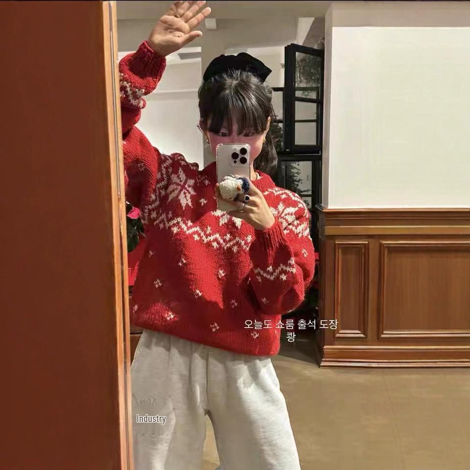Vintage Red Snowflake Wool Knit Sweater for Women