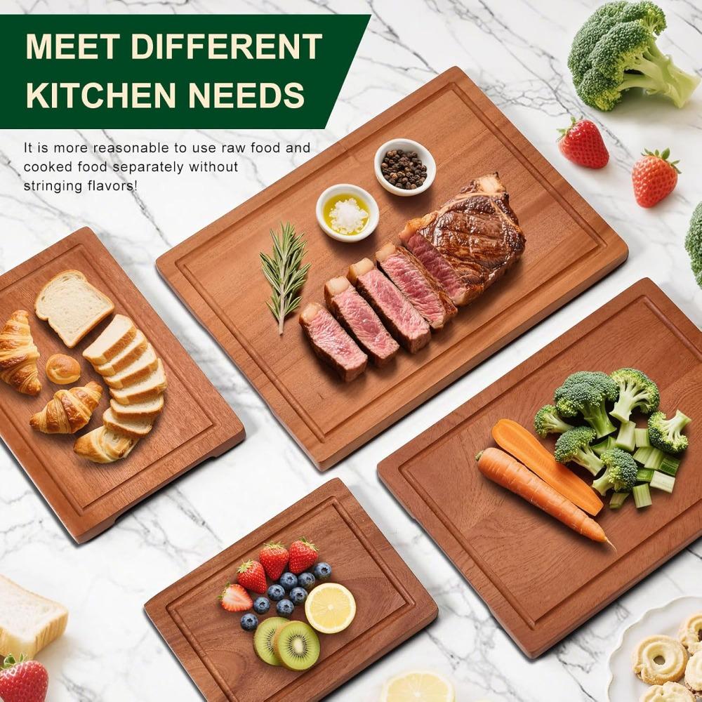 Set of 4 Non-Toxic Solid Sapele Wood Cutting Boards with Holder and Juice Grooves for Kitchen
