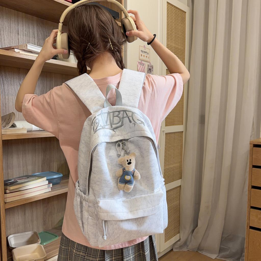 Schoolbag Hemp Gray Variegated Letter Embroidered Schoolbag Student Party American Retro Feeling Layered Storage Short Trip Backpack
