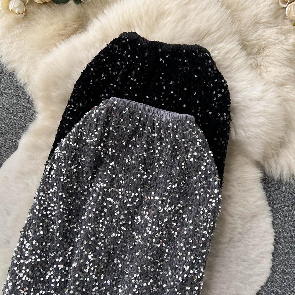 Špičkový Niche Design Flitry Sukně s vysokým pasem Dámské Podzimní Francouzské Retro Mididélka Obepínající boky Šaty