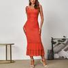 European and American Vacation Beach Style Knitted Suspender Dress, Sexy Hottie Backless Slim Strap Lotus Leaf Swing Dress