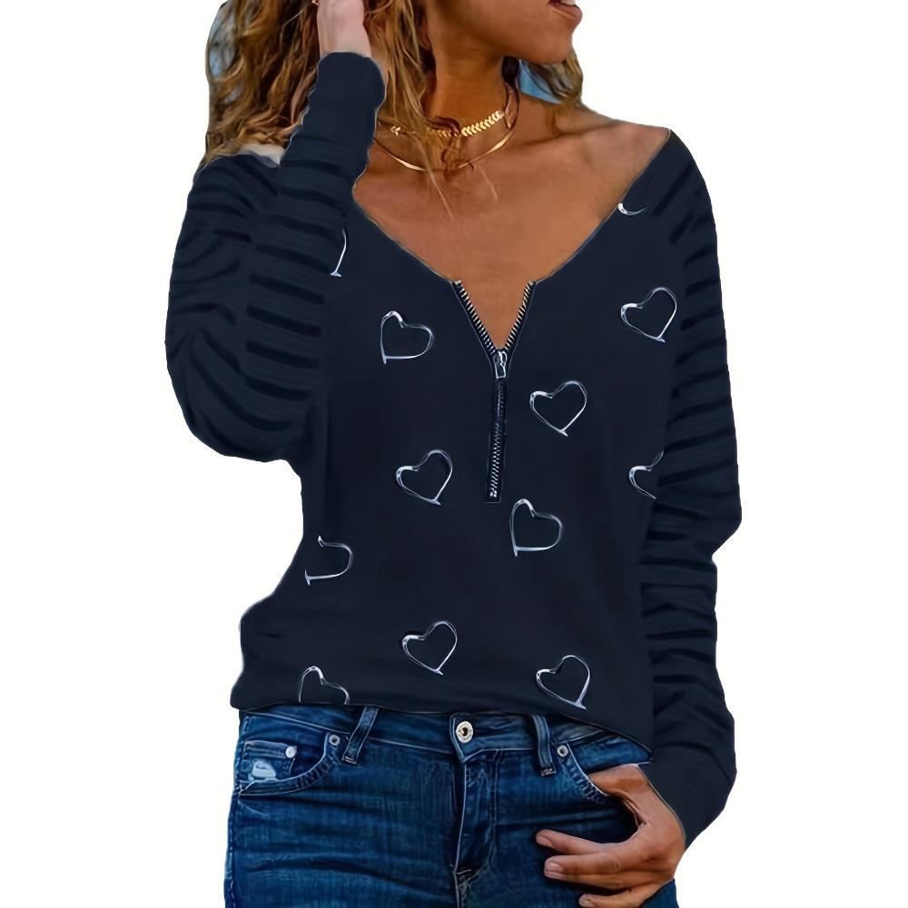 Autumn Winter Europe and America New Love Printing Zipper Long Sleeve T-shirt Women