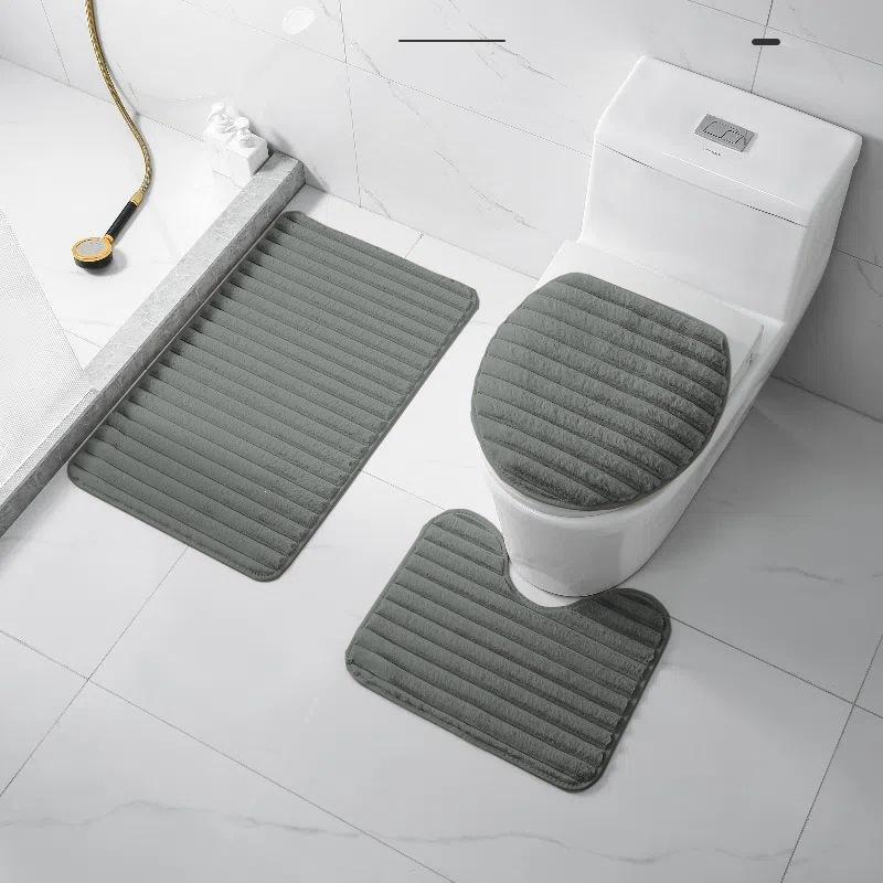 3Pcs Minimalist Style Plush Bathroom Floor Mat Set Non-slip Soft Doormat Water Absorbent for Bath Entry