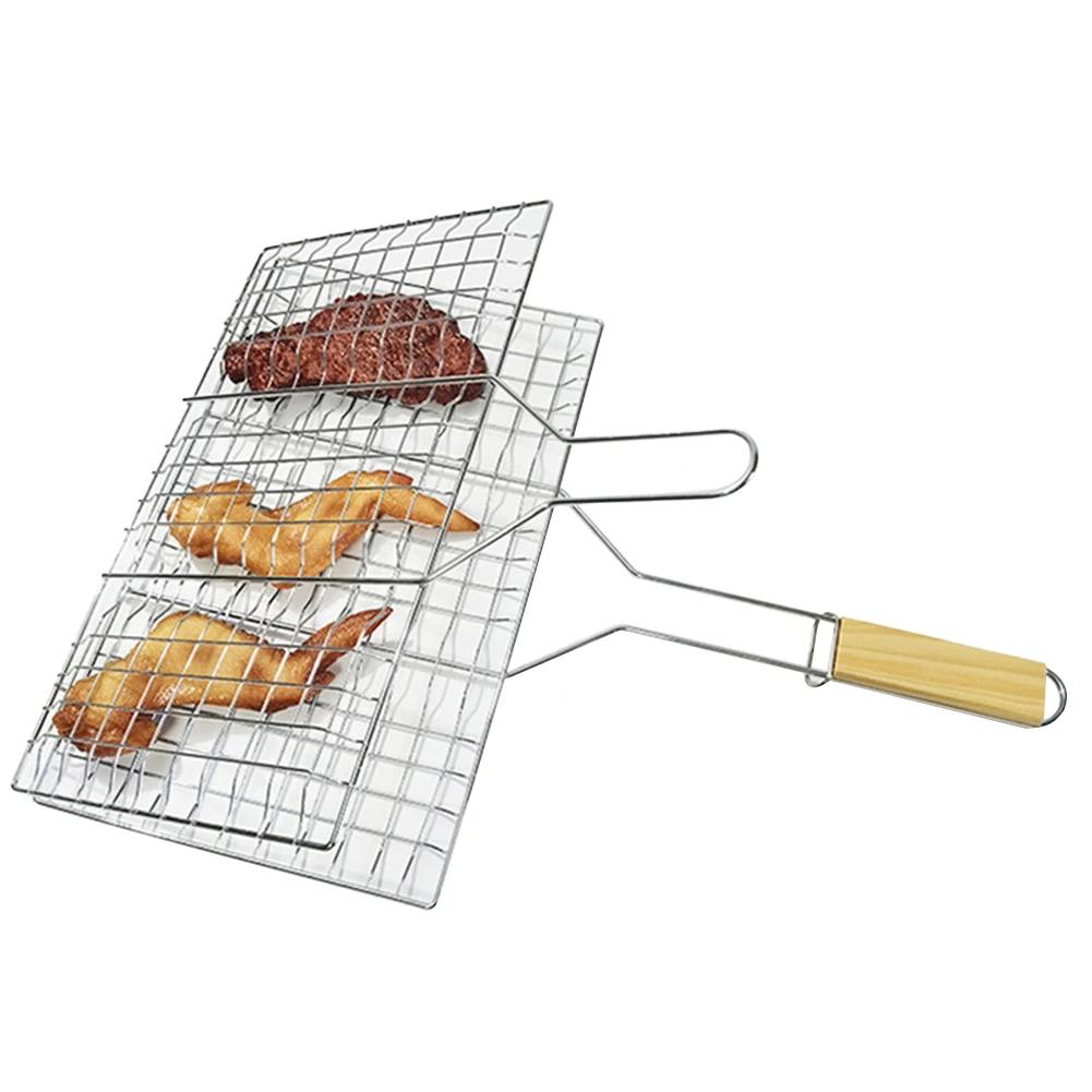 Rejilla Portátil de Acero Inoxidable para Parrilla Barbacoa al Aire Libre Cesta para Asar Pescado Mango de Madera Herramienta para Barbacoa Camping Picnic Cocina
