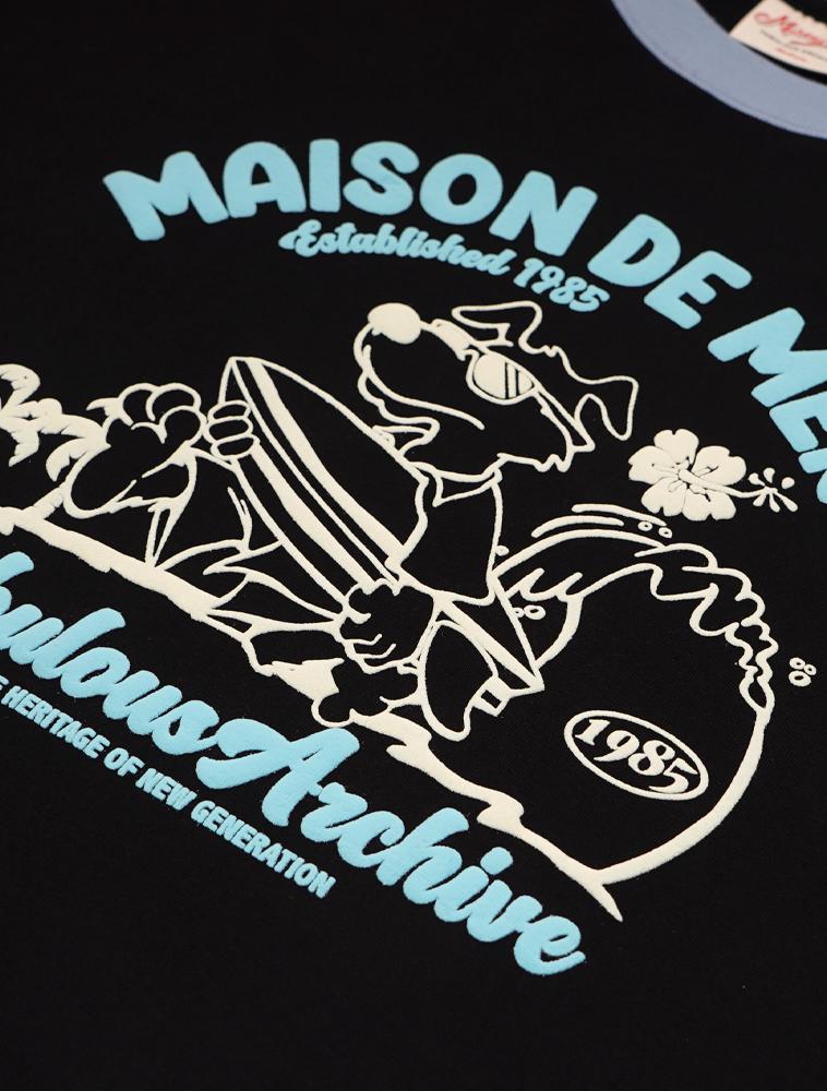 LA MAISON STUDIO Unisex Oversized Puppy Surfing Ringer Short Sleeve T-Shirt Black Blue (Fce2Ts401M)
