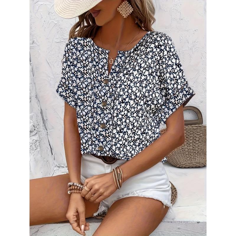 Summer Printed Women's T-shirt Elegant Floral Buttons Short Sleeve Loose Casual T-shirts Women Fashion Vintage Office Ladies Pullover Tee Tops New