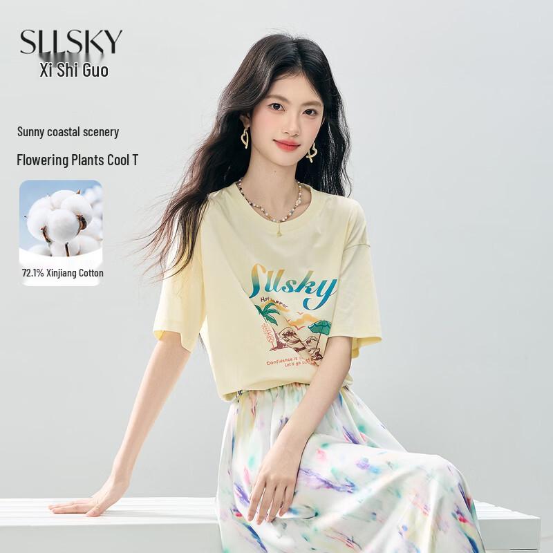 sllsky Women s Relaxed Fit Island Print T-Shirt L