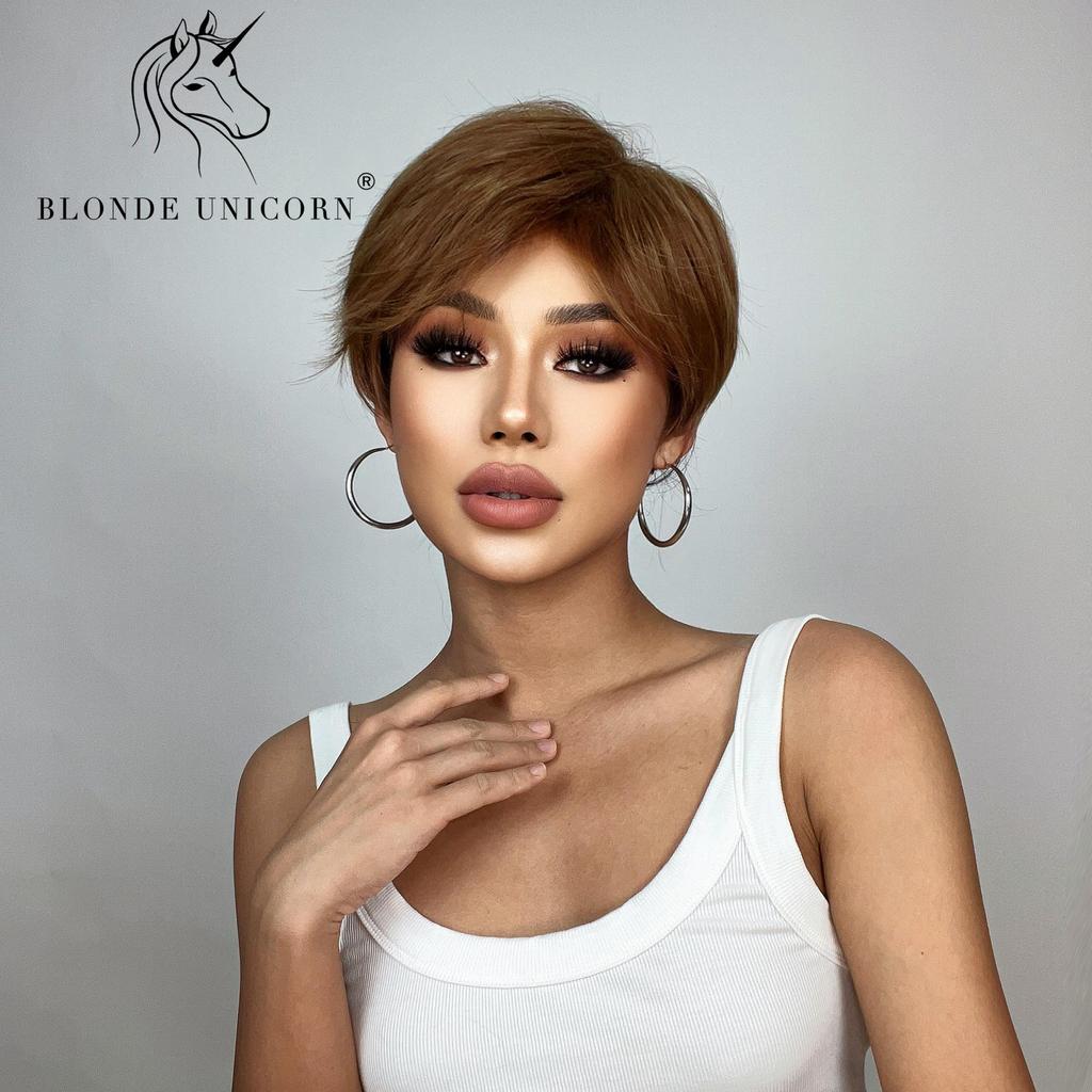 BLONDE UNICORN 8 inch Short Straight Hair Wigs for Women Ladies Ombre Brown Heat Resistant Synthetic Wigs