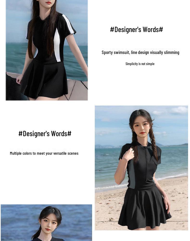 Women's Black Skirted One-Piece Swimsuit - Slimming, Conservative, Sportswear for Summer