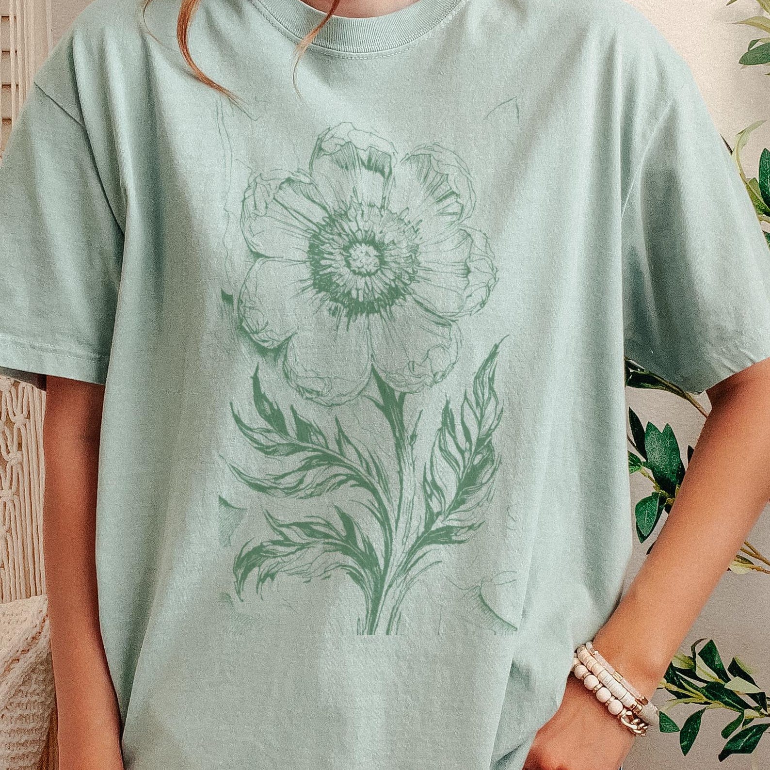 Botanical Sketch Flower T-Shirt, Unisex Line Art Tee, Comfort Colors Botanical Print Boho Floral 150