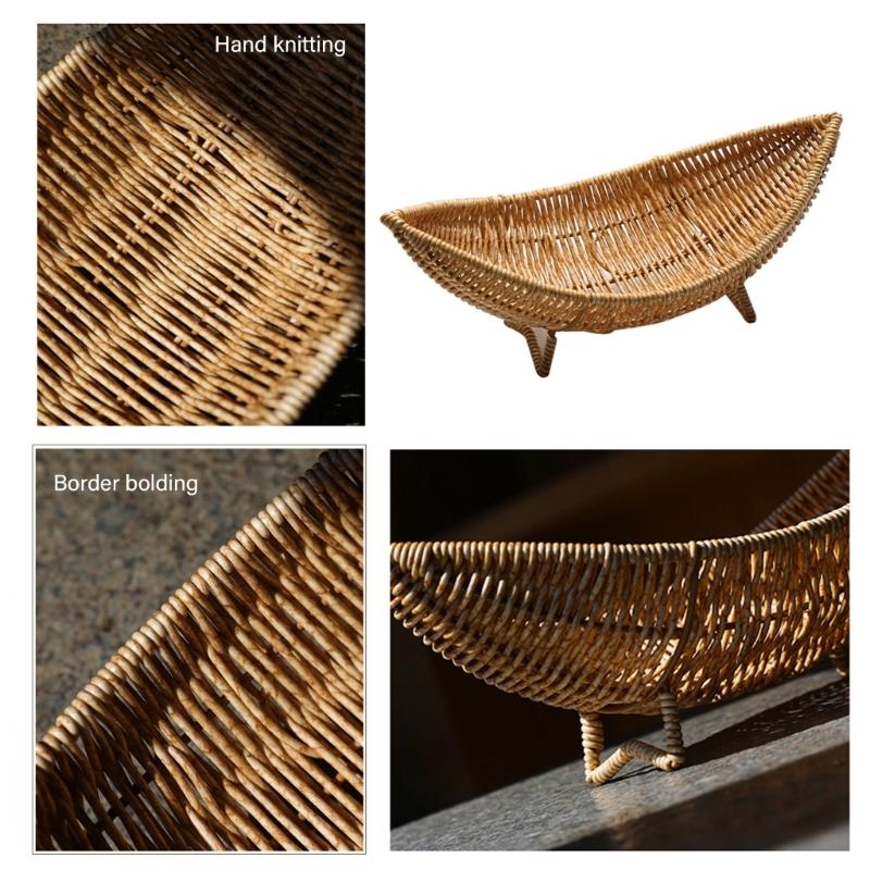Attractive Plastic Rattan Boat Fruit Dish Elegant Boat Shape Serving Platter Rattan Plastic Holder for Fruit and Sweets