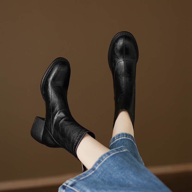 Krazing Po Microfiber Winter Round Toe Size 33 Western Boots Size 43 Zipper Thick High Heels Pleated Decoration Ankle Boots