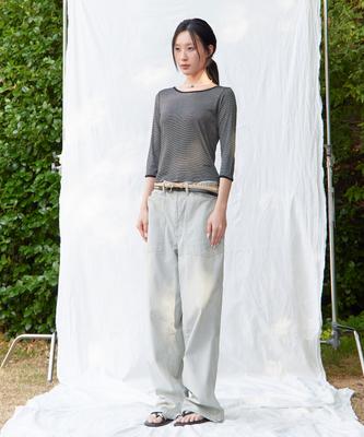 Haebeueoweil Stripe Boat-Neck 3/4 Sleeve T-Shirt (Gr)