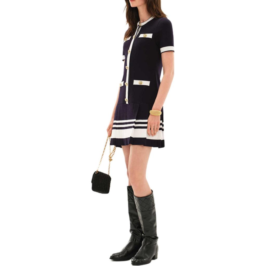 Karl Lagerfeld Romantic Date Round Neck Color Block Short Sleeve Dress Women Dresses Navy-Blue M22E13H9