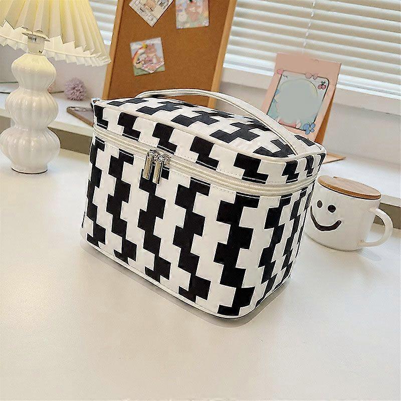 Makeup Bag Large Capacity Glossy Zipper Travel Cosmetic Bag with Sturdy Handle for Travel Outdoor Black White Cube