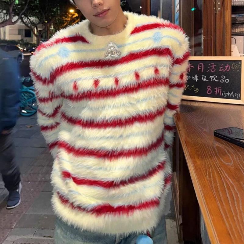 Young Style Vintage Striped Sweaters Men's Clothing Contrasting Colors Autumn Winter New Fashion Patch Designs Knitted Pullovers
