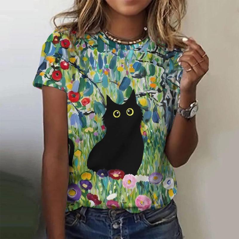 Women's T-shirt Summer Round Neck Clothing Cat Printed Cartoon Top Loose Breathable Casual Short Sleeve Loose Elegant T-shirt