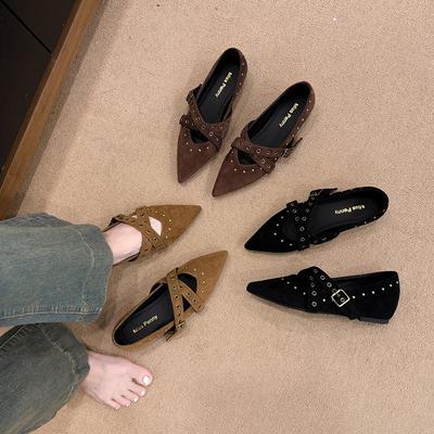 Retro Binnen Verhoogde Lage Hak Enkele Schoenen Herfst Nieuw Puntige Neus Ondiepe Mond Klinknagel Enkelbandje Zachte Zool Lage Top Schoenen