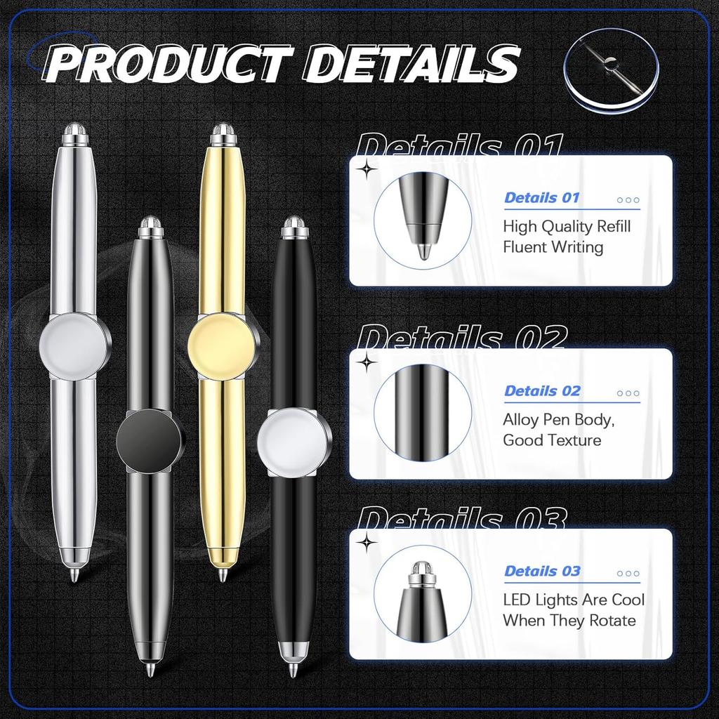 Sabary 4 Pcs Fidget Pen Spinner Pen with LED Light Multi Functional Cool Anxiety Gift Help Stress Reducer Thinking Ballpoint Rotating Anti Stress