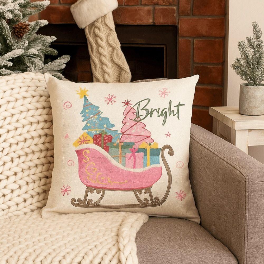 Linen Christmas Throw Pillow Cover Pink Christmas Tree Pillow Cover  Home Decoration