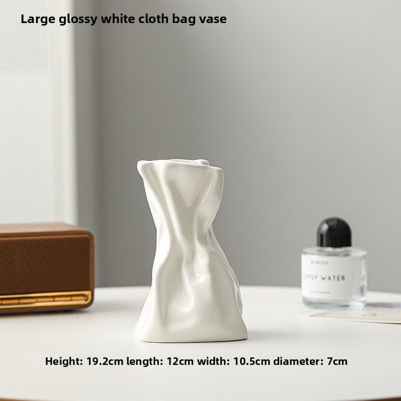 Nordic Cream Ruffle Fabric Ceramic Vase for Dried Flowers Irregular Pouch Shape Home Decor Living Room Table Centerpiece